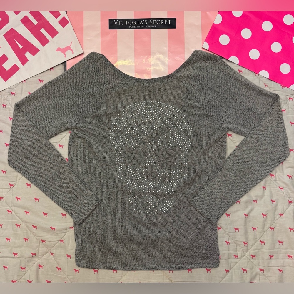 VS PINK VINTAGE OPEN SCOOP BACK GRAY SWEATER CREW SKULL BLING RHINESTONES RARE M